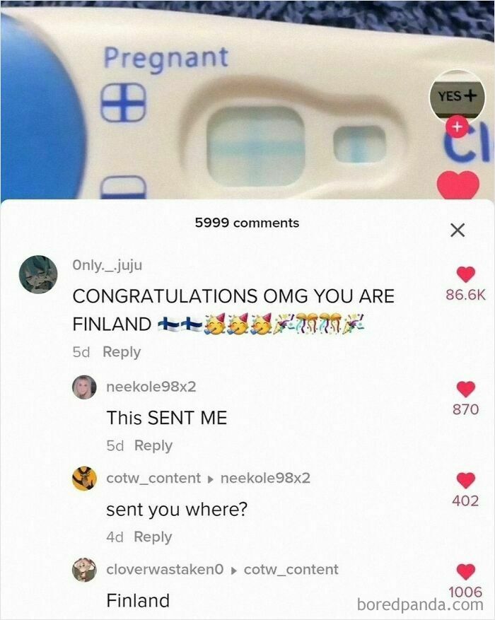 Pregnancy test showing positive result with humorous TikTok comments reacting to the image in unhinged meme style.