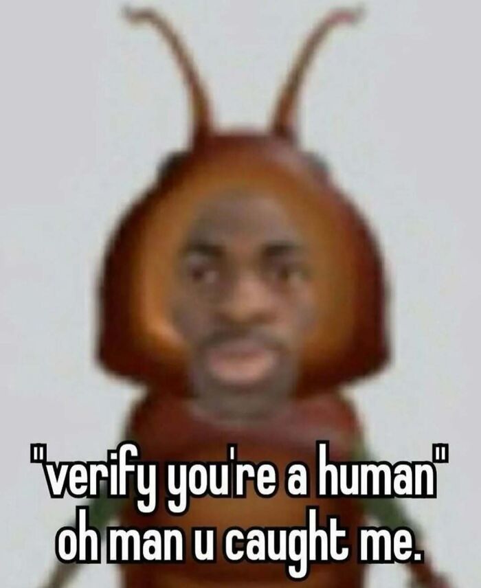 Meme featuring a man’s face edited onto an insect costume with text about verifying you're a human.