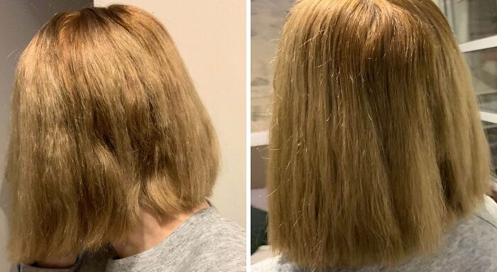 Side-by-side photos showing a tragically uneven haircut, highlighting hilarious hair accidents and styling mishaps.