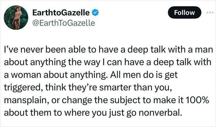 Social media post from Fight The Patriarchy page sharing a truthful meme about deep talks and mansplaining.
