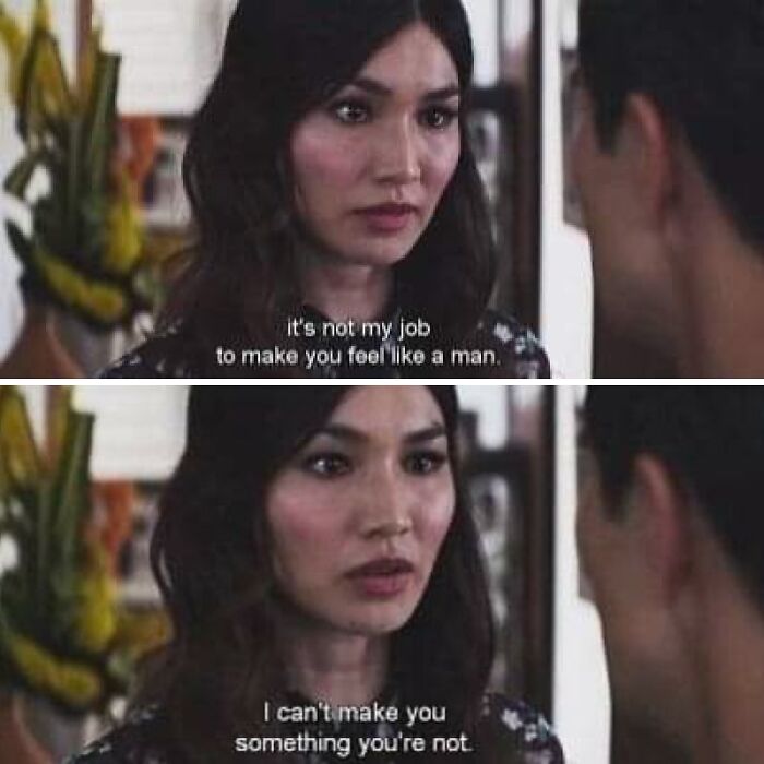 Woman speaking seriously saying she can't make someone feel like a man or something they are not in a patriarchy meme.