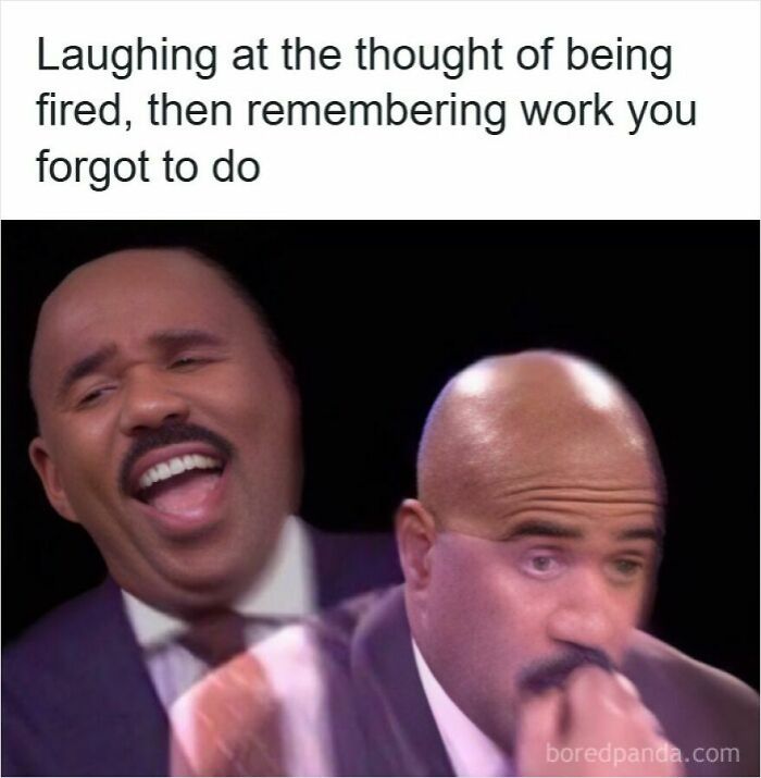 Man laughing then looking worried, illustrating mixed emotions about getting laid off and forgotten work tasks.