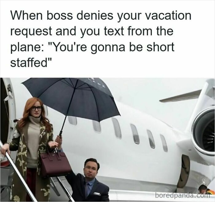 Person holding umbrella for woman exiting plane, illustrating a meme about getting laid off and being short staffed.
