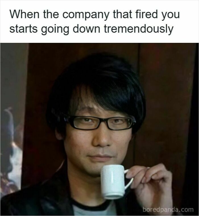 Man with glasses holding a small cup, caption about funny memes on getting laid off and company decline.