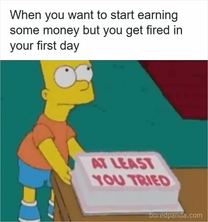 Cartoon character holding a cake with the phrase at least you tried, illustrating funny memes about getting laid off.