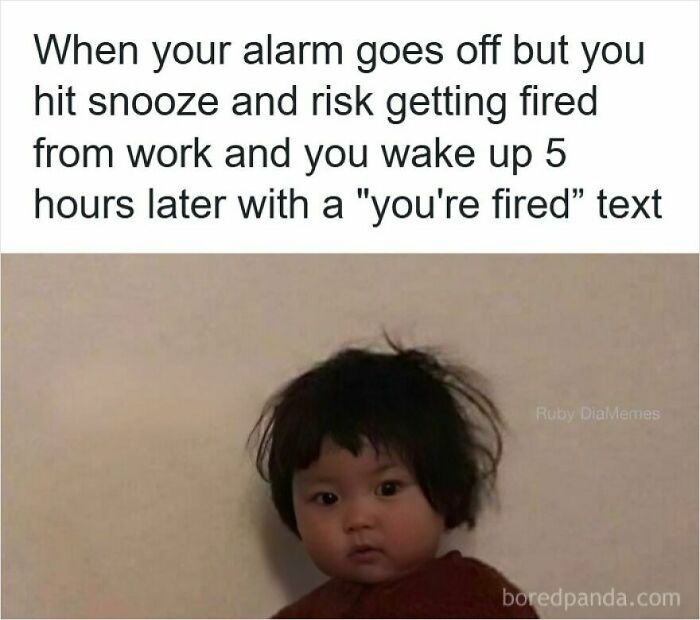 Child with messy hair looking stunned below a meme about hitting snooze and getting fired, illustrating funny memes about getting laid off.