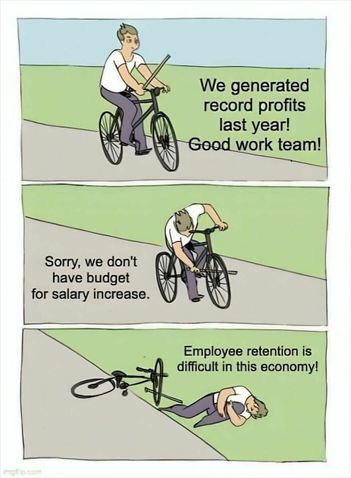 Man riding a bike with a stick in the wheel, symbolizing funny memes about getting laid off and work frustrations.