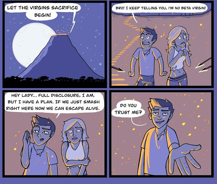 Comic strip featuring a dark, funny, and weird story with two characters planning an escape under the full moon.