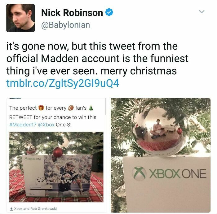 Tweet showing a reflection on a Christmas ornament where the mirror's reflection humorously sells the item.