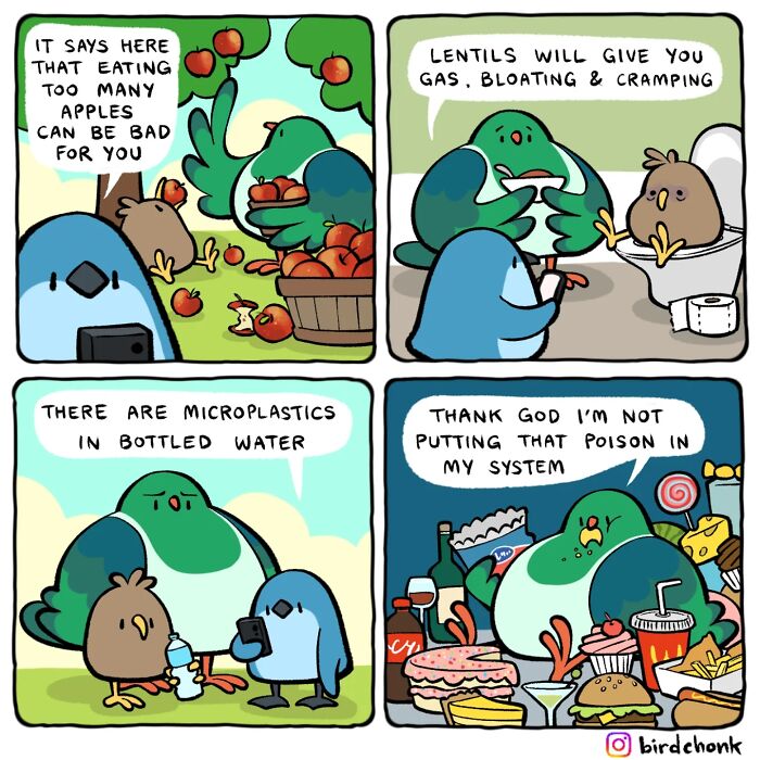Comic featuring birds with reversed roles discussing health warnings with humor in relatable birdchonk style.