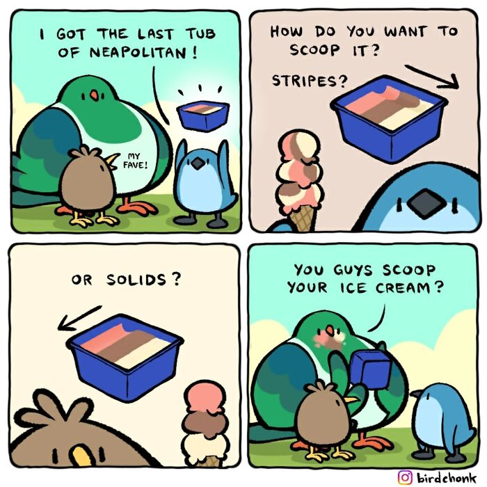 Comic featuring birds with reversed roles humorously discussing how to scoop Neapolitan ice cream.