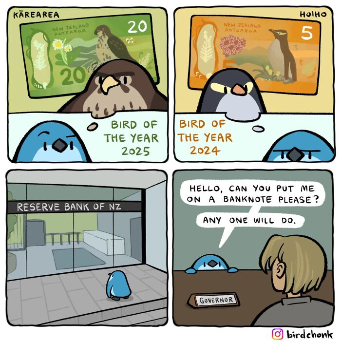Comic panels showing birds humorously imagining themselves on reversed role banknotes at the Reserve Bank of New Zealand.