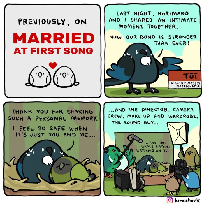 Comic featuring birds with reversed roles sharing intimate moments in a humorous and relatable birdchonk style illustration.