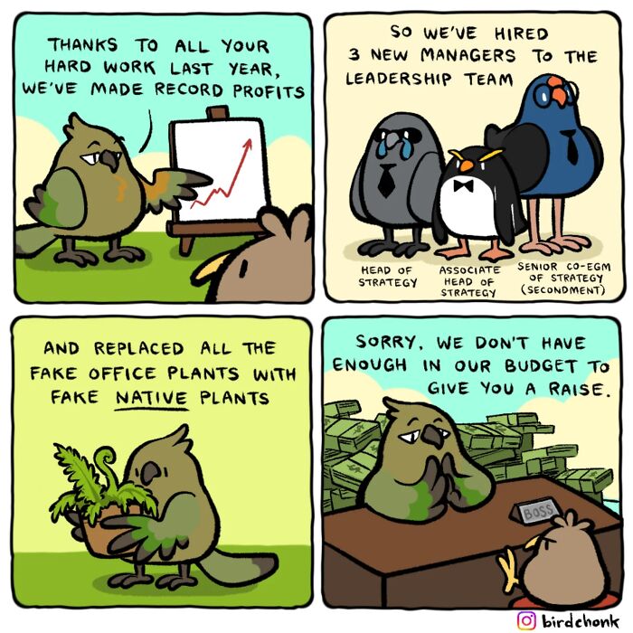 Comic featuring hilariously relatable birds with reversed roles discussing profits, managers, office plants, and budget cuts.