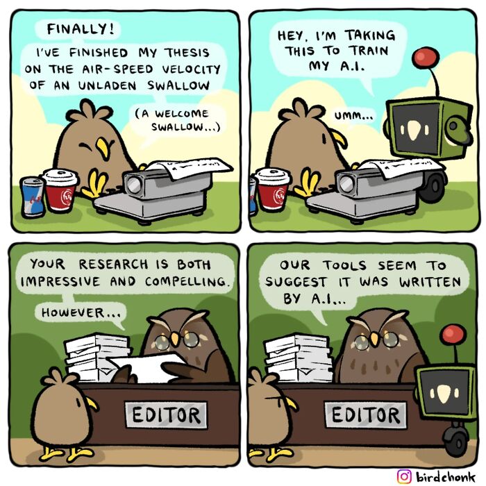 Comic panels showing birds in reversed roles with AI and editor, featuring relatable bird humor and research themes.