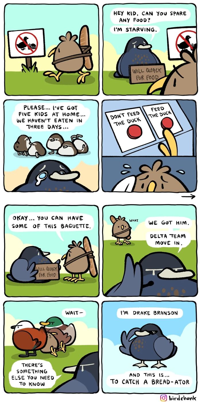 Comic strip showing birds with reversed roles, featuring a duck begging for food and a bird acting as the hunter for breadchonk fans.