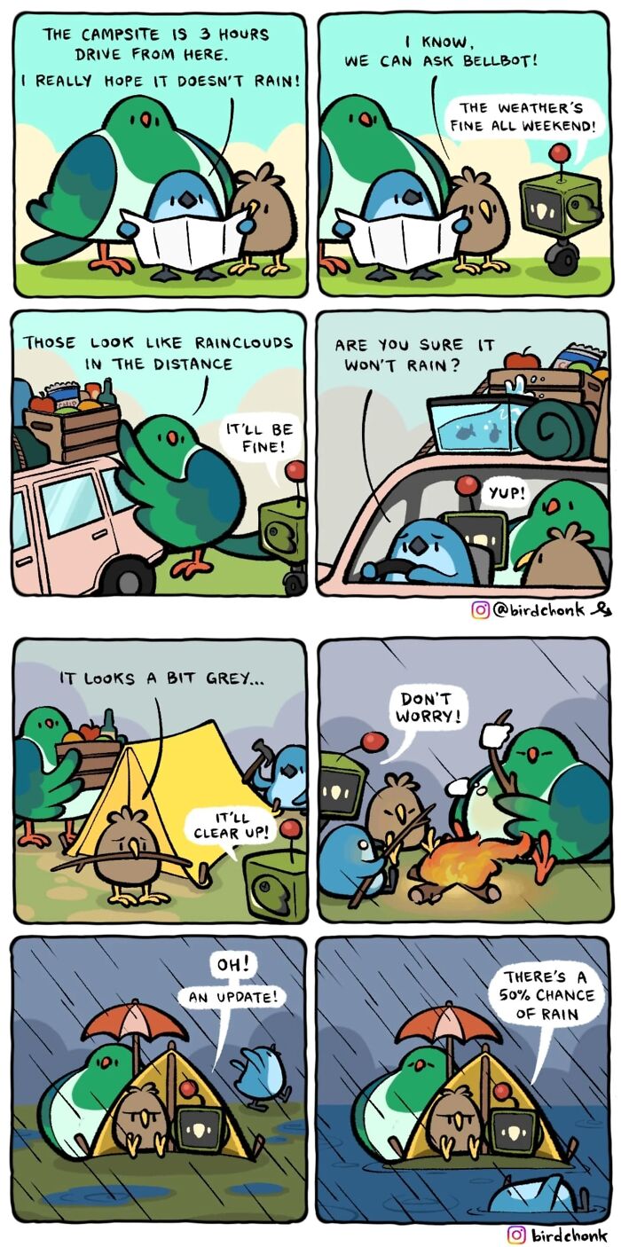 Comic panels showing birds camping and checking weather, featuring birds with reversed roles in a humorous setting.