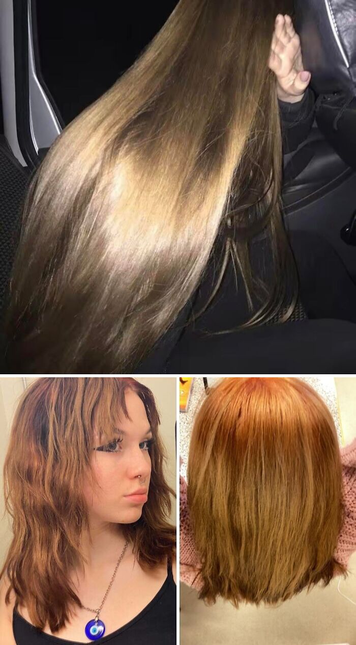 Three examples of hilariously tragic hair accidents showing uneven cuts, awkward colors, and unexpected styles.