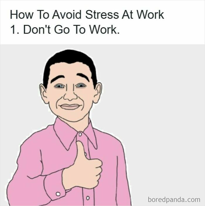 Cartoon man in pink shirt giving thumbs up with text about avoiding stress at work related to getting laid off memes.
