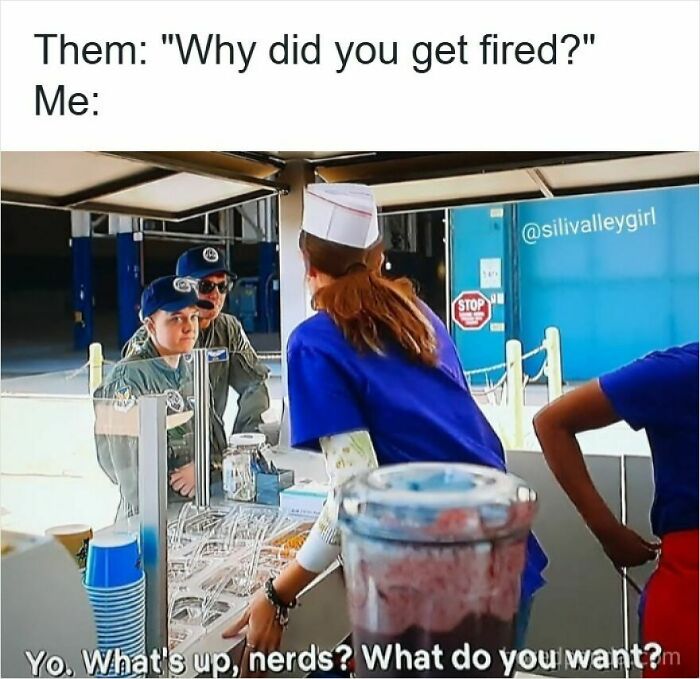 Woman in uniform serving at counter with caption about getting fired, highlighting funny memes about getting laid off.
