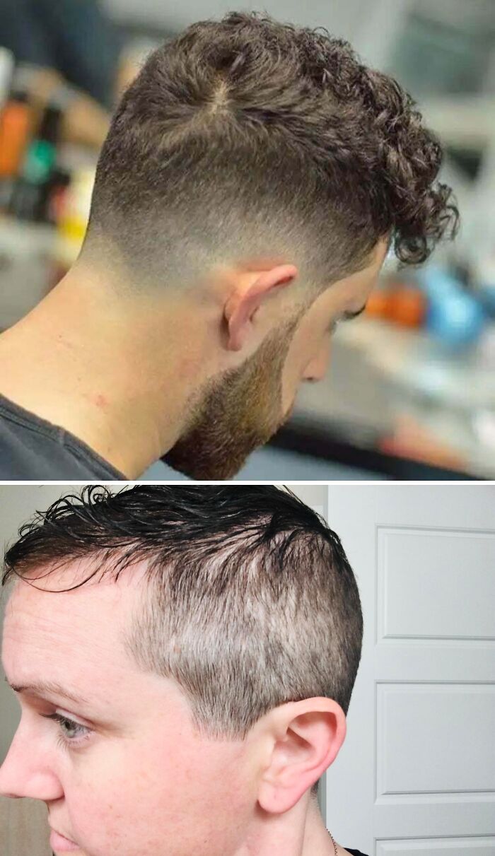 Two side views of men with hairstyling mishaps showcasing hilariously tragic hair accidents with uneven cuts and blends.