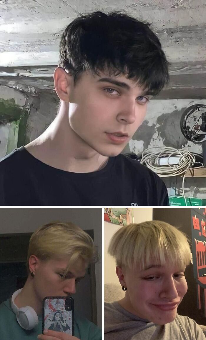 Three young men showing different hairstyles, featuring various hair accidents and humorous haircuts indoors. Three young men showing different hairstyles, featuring various hair accidents and humorous haircuts indoors.