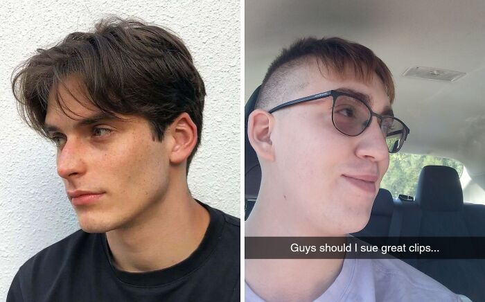 Side-by-side images showing a man with a neat haircut and the same man with a hilariously tragic hair accident.