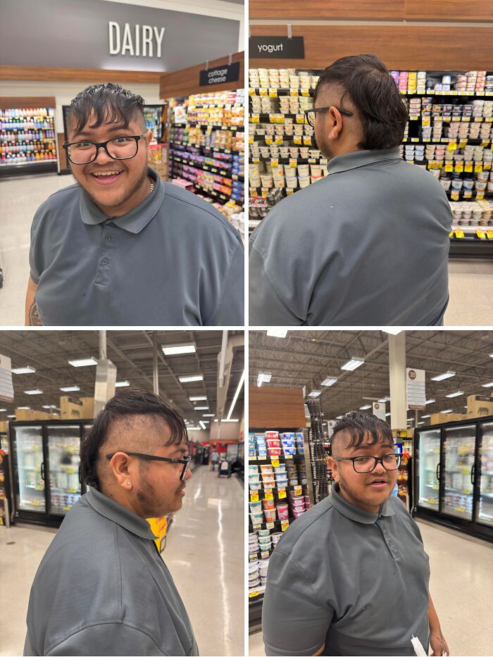Person with a hilariously tragic hair accident haircut in a grocery store dairy aisle wearing glasses and a gray polo shirt.