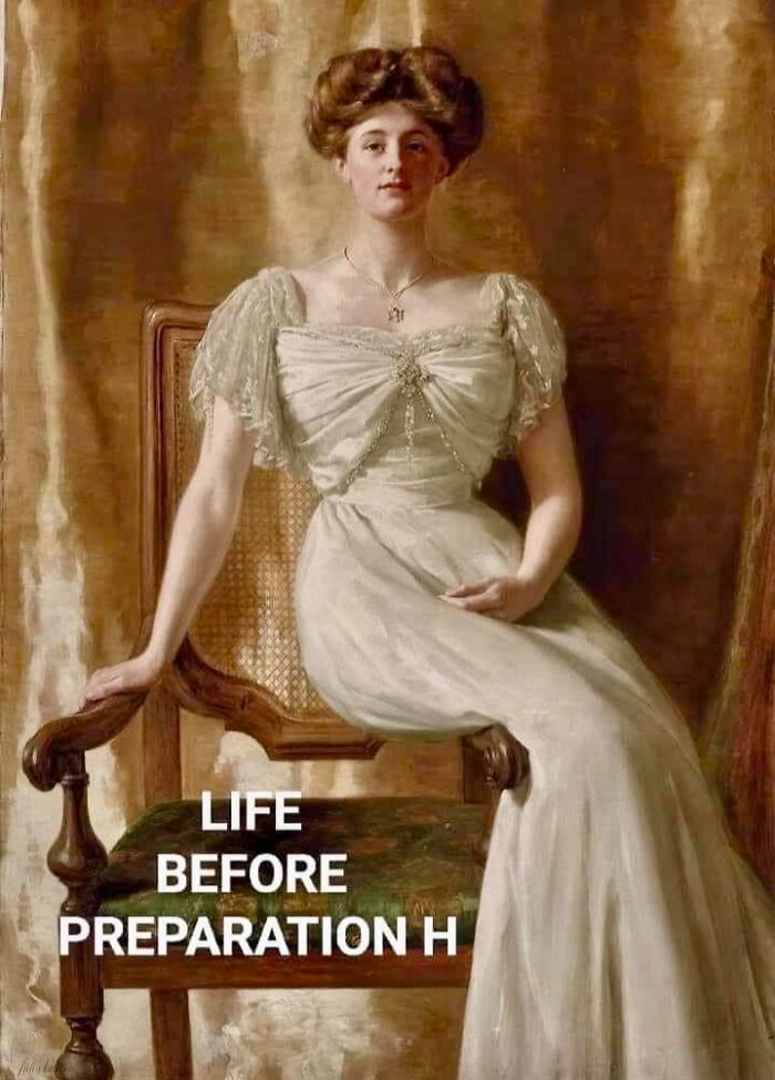 Classical painting of a woman in a white dress seated on a chair with a humorous meme caption.
