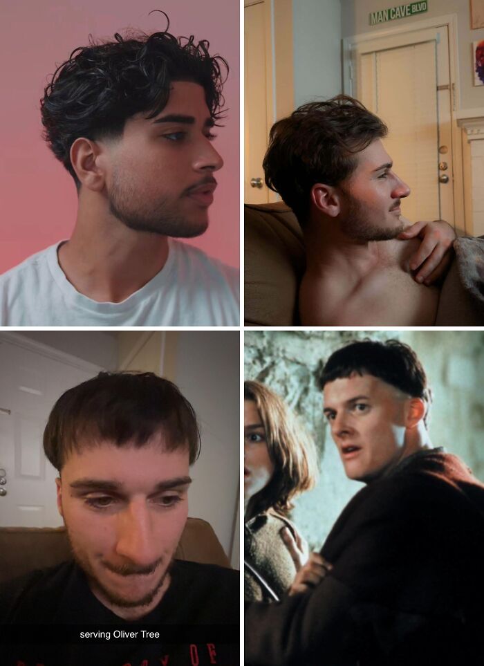 Four different men showing hilariously tragic hair accidents and unusual haircut styles in various indoor settings.
