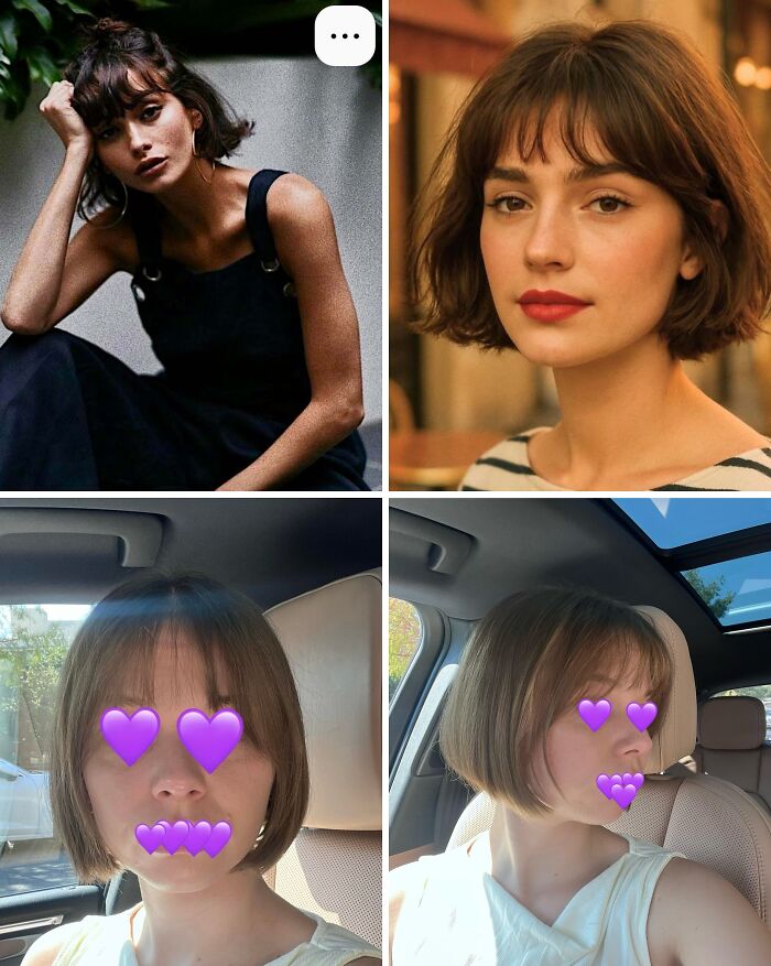 Four images showing women with short bob hairstyles, highlighting hilariously tragic hair accidents and hair styling outcomes.