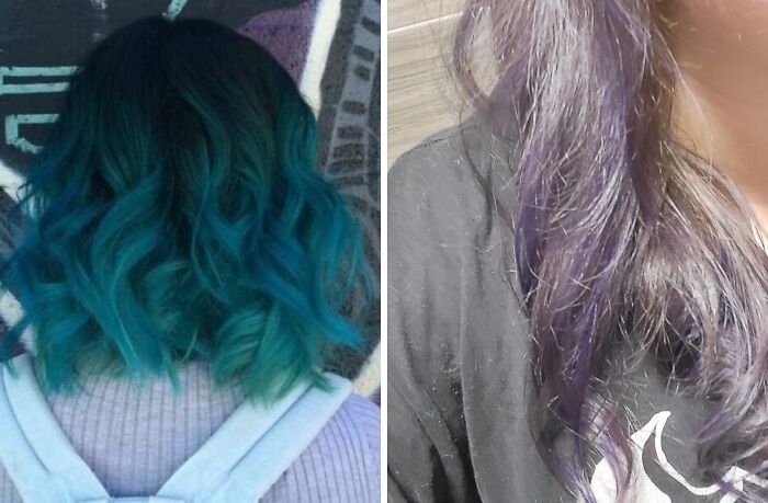 Two side-by-side images showing hair accidents with blue and purple dyed hair gone wrong and unevenly colored.