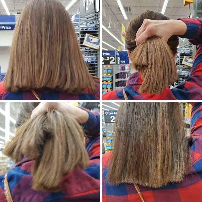 Hilariously tragic hair accident showing uneven hair length and unexpected haircut mishap from different angles.