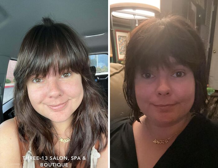 Side-by-side photos of a woman showing a hilariously tragic hair accident with a dramatic haircut change.