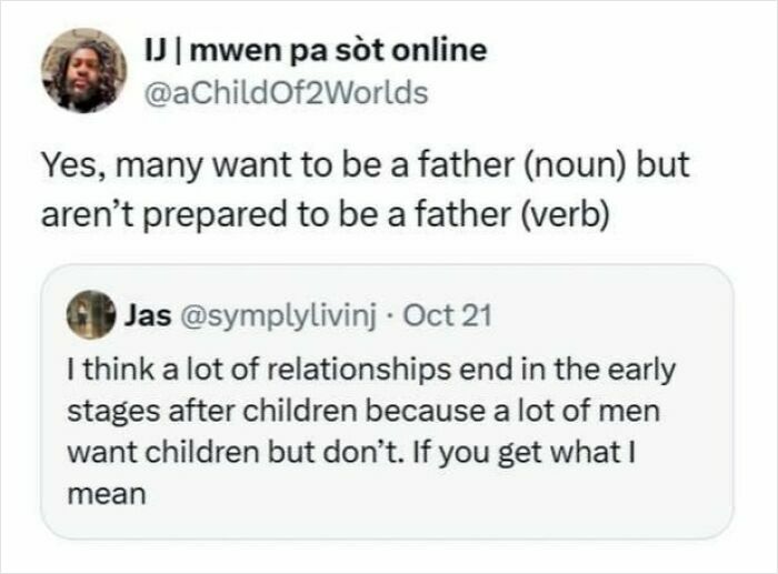 Social media posts revealing dystopic society issues with fatherhood and relationship challenges in modern parenting.