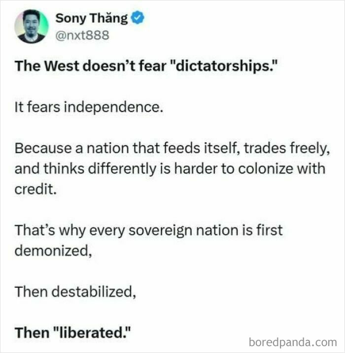 Tweet by Sony Thăng discussing how sovereign nations face demonization and destabilization, reflecting dystopic societal fears.