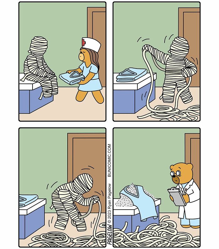 Buni comic panels showing a mummy unwraps its bandages in a darkly funny Halloween-themed scene.