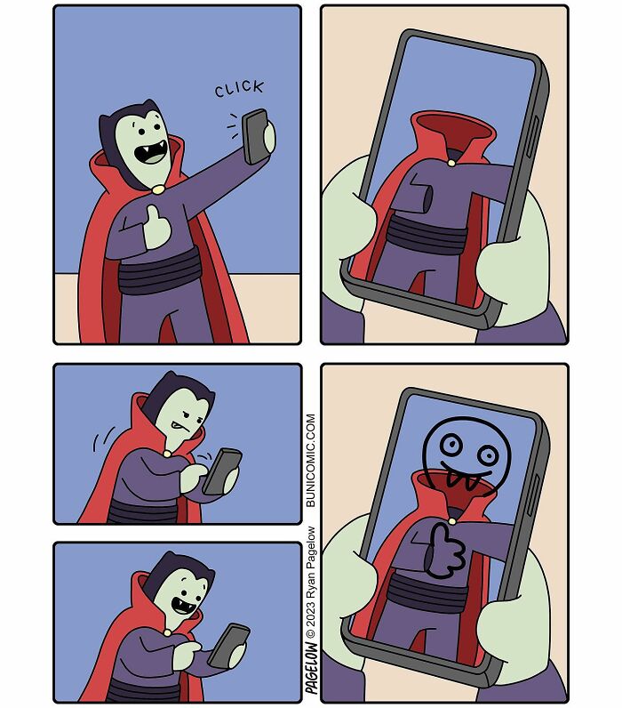 Cute yet darkly funny Buni comic showing a vampire taking a selfie that turns into a spooky image on the phone screen.