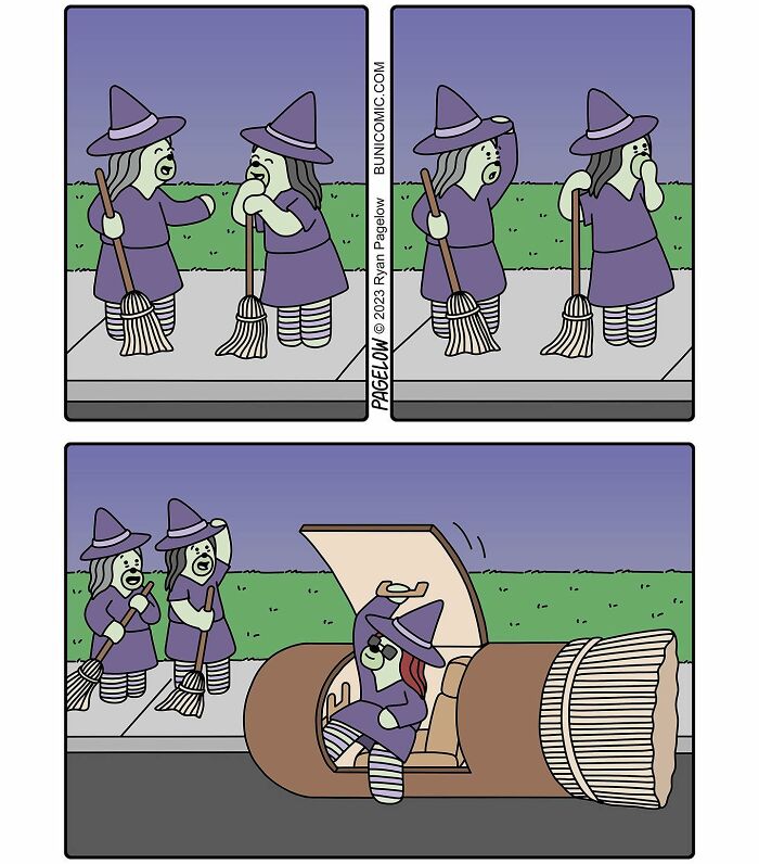 Two witches with brooms talk on a sidewalk while another witch drives a broomstick car in a darkly funny Buni comic.