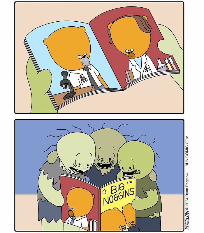 Buni comic panels show cute yet darkly funny characters reading a science and zombie-themed book titled Big Noggins.