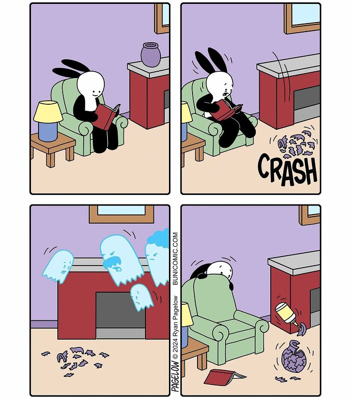 Buni comic panels showing a rabbit startled by a broken vase and angry ghosts in a Halloween-themed scene.