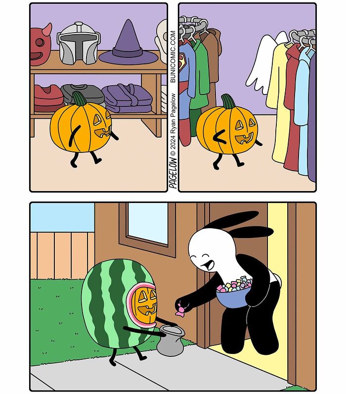 Pumpkin character choosing Halloween costume and trick-or-treating, featured in cute darkly funny Buni comics.