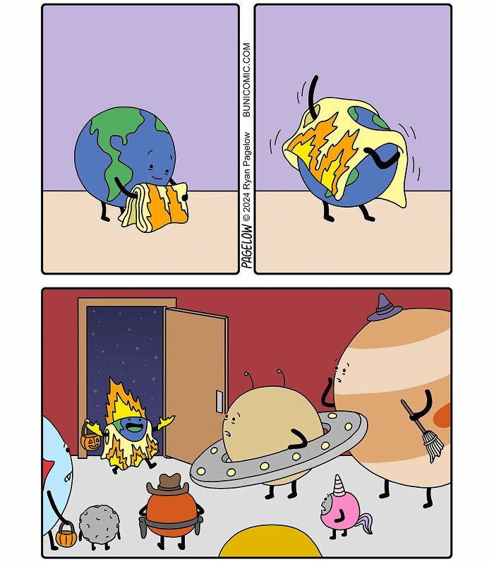 Cute yet darkly funny Buni comic showing Earth on fire preparing a Halloween costume for space planet trick-or-treaters.