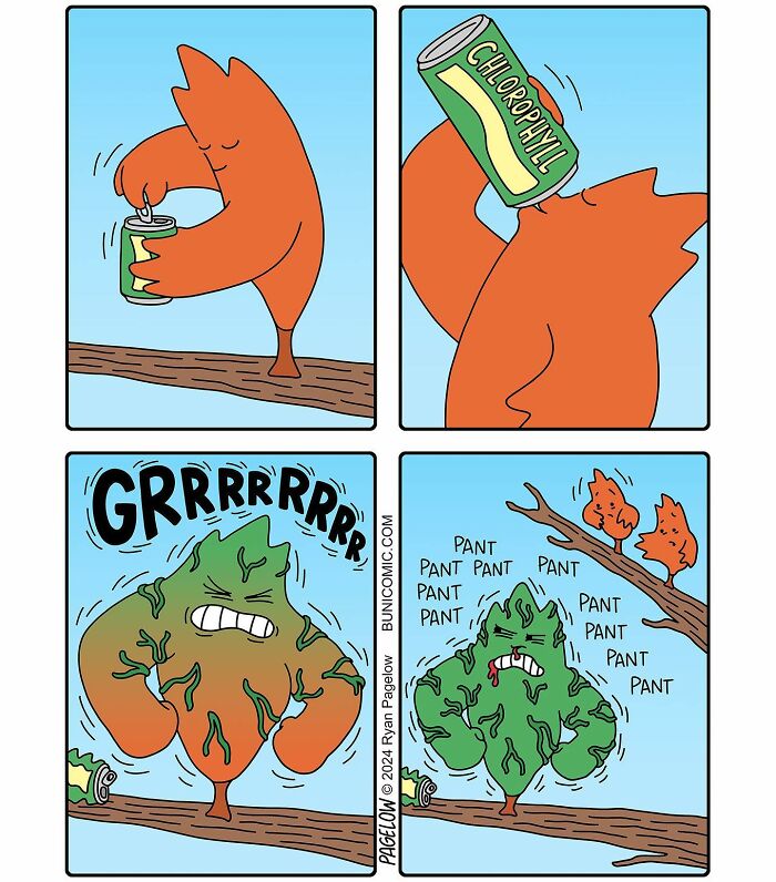 Cute Buni comic showing a squirrel turning into an angry, panting tree after drinking chlorophyll in a Halloween-themed comic.