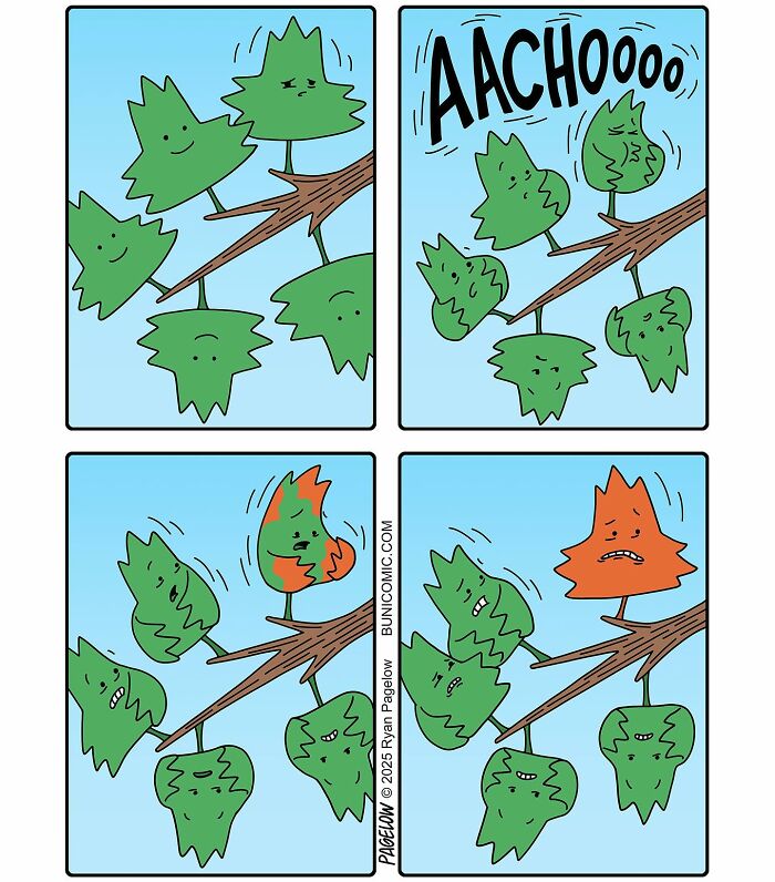 Buni comic strip showing leaves reacting to a sneeze and one turning orange, featuring cute yet darkly funny Halloween spirit.