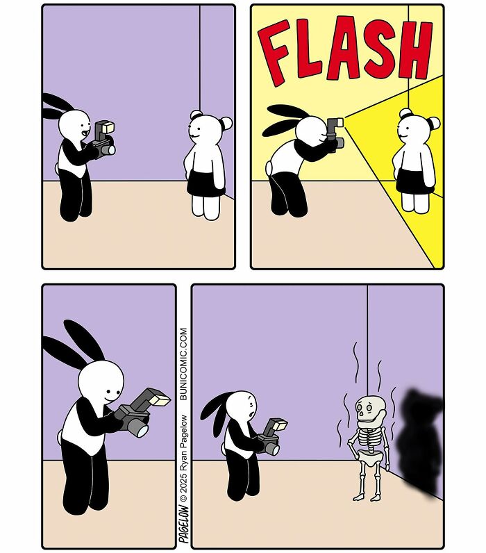 Buni comic showing a darkly funny Halloween moment with a rabbit taking a photo that reveals a skeleton figure.