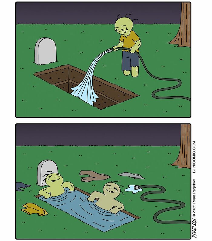 Zombie cartoon character filling a grave with water, then relaxing in it like a pool in a darkly funny buni comic.