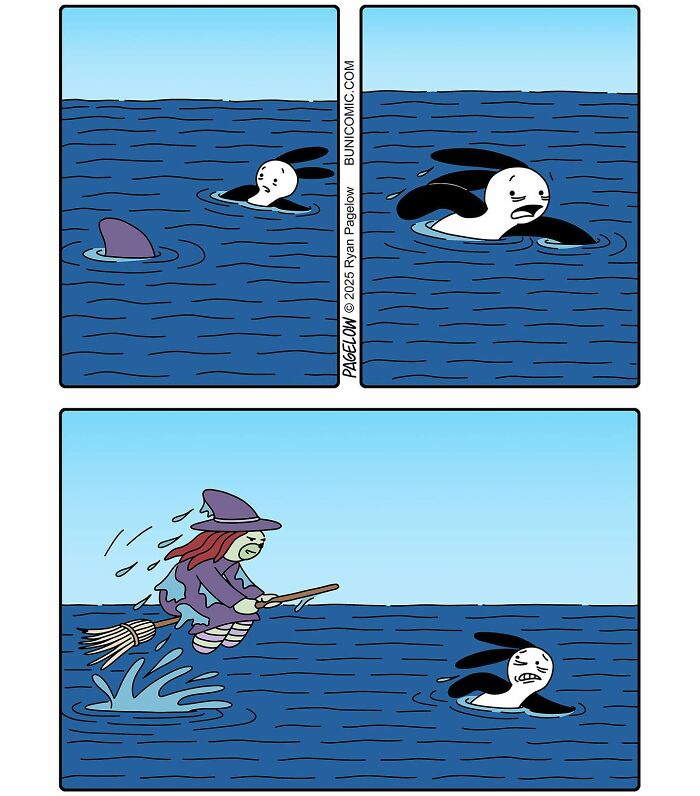 Buni comic panels showing a bunny swimming from a shark fin, then a witch flying on a broomstick in the water behind it.