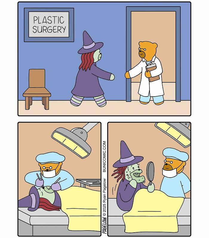 Buni comic panels showing a witch visiting a plastic surgery clinic, humorously transforming her face after surgery.