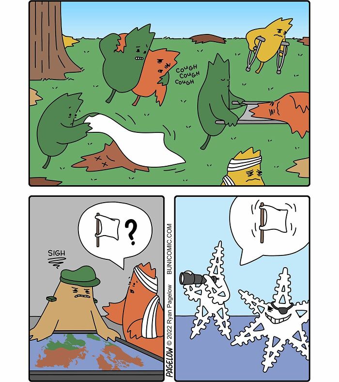 Buni comics showing cute yet darkly funny characters in humorous Halloween-themed scenes with leaves and starfish.